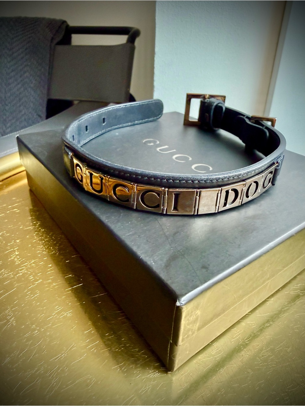 Gucci Black Leather Collar with Brass Lettering